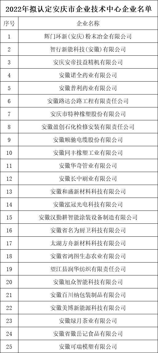 安庆市企业技术中心公示名单